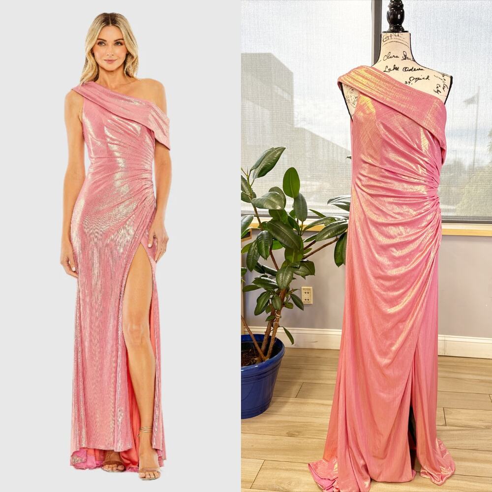 Mac Duggal  Off The Shoulder Ruched Waist Slit Metallic Gown 27152 Size 12